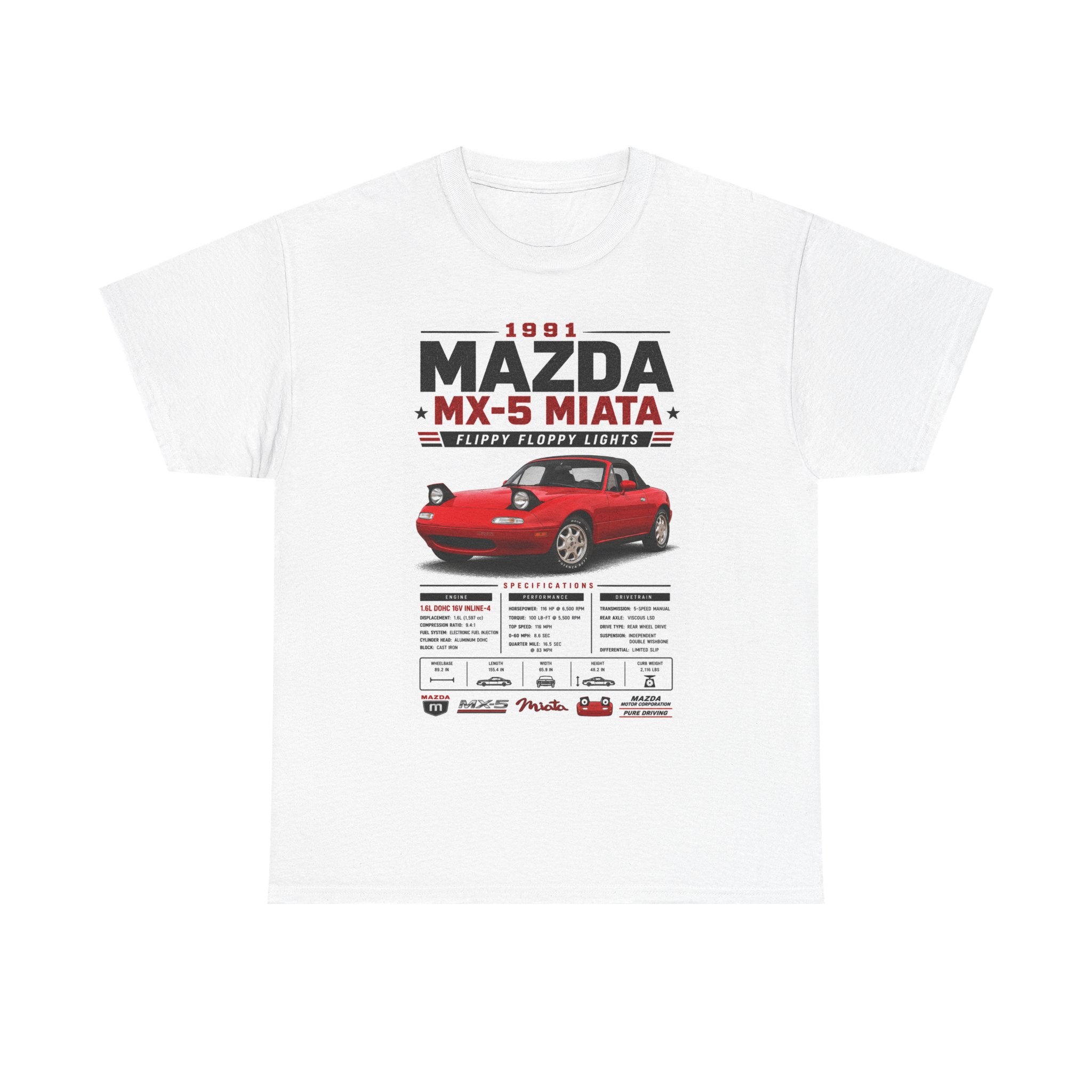 1991 Mazda MX-5 Miata Specs T-Shirt — Retro Red Sports Car Tee